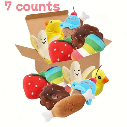 Un ensemble de 7 jouets sonores pour chiots, des jouets à mâcher en peluche pour animaux de compagnie, des collations aux fruits en peluche et des jouets pour chiots aux légumes, adaptés aux jeux mignons