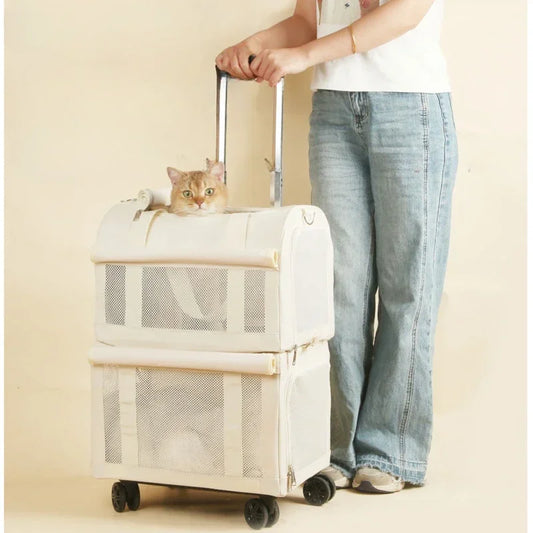 Caisse à roulettes pour animaux de compagnie à 2 couches - Élégante et respirante 
