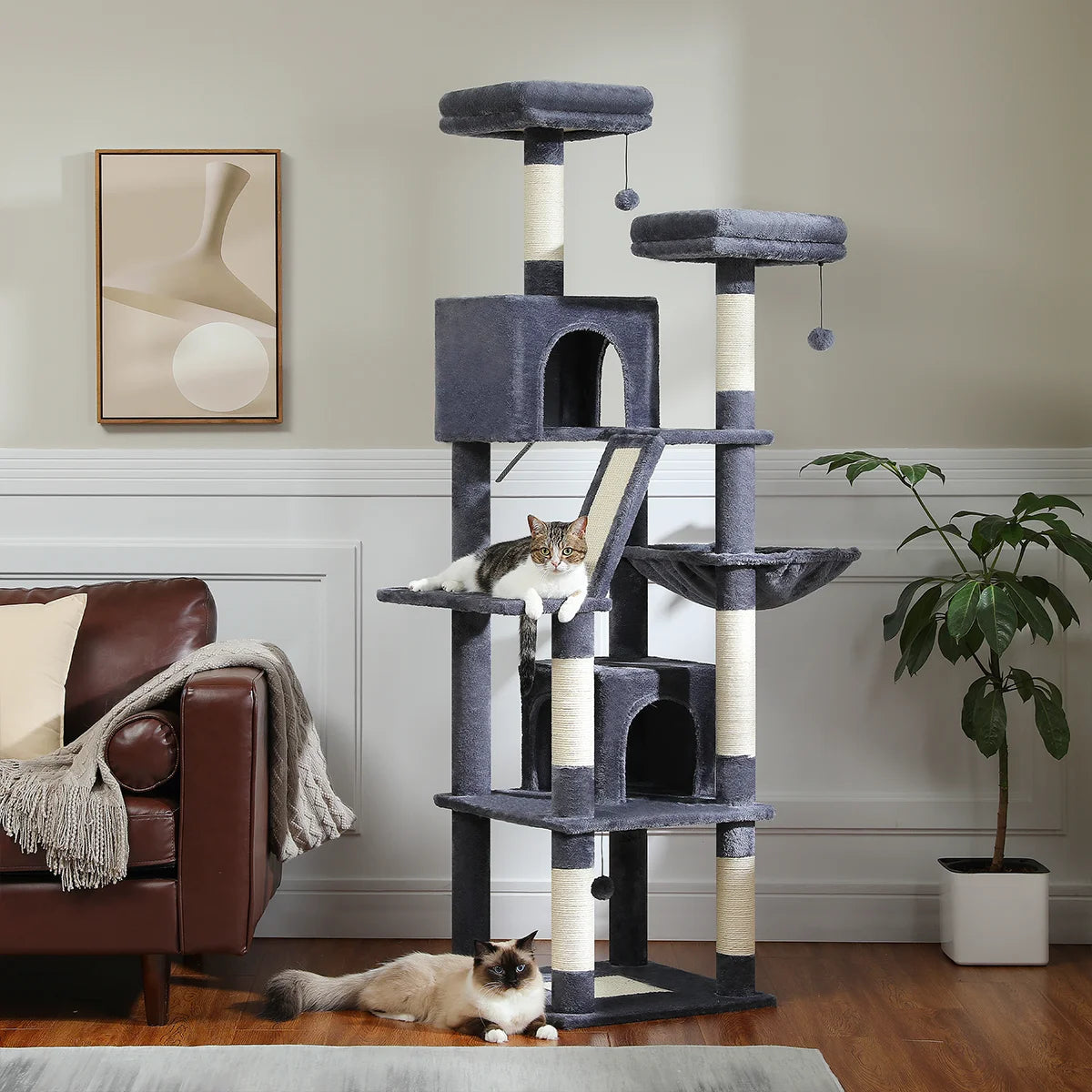 Arbre à chat à plusieurs niveaux de 180 cm de haut avec hamac et griffoirs