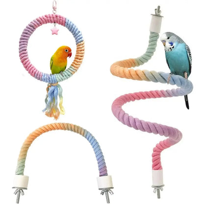 Perche à perroquet en coton coloré à tête de vis, clip de suspension robuste, corde tissée debout pour perroquet, jouet de morsure d'oiseau confortable et rotatif pour grimper