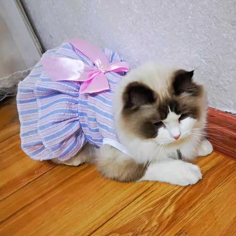 Prinzessinnenkleid für Katzenwelpen – Gestreiftes kariertes Sommerkleid mit Schleife für Katzen, Kätzchen, Kaninchen und kleine Hunde 