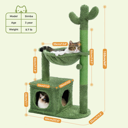 Arbre à chat en forme de cactus avec grand condo, hamac, griffoir et balle suspendue – Indoor Cat Towe