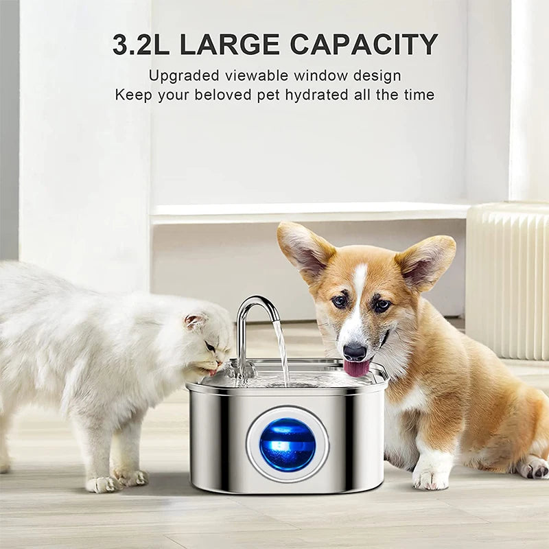 Distributeur d'eau pour chat avec fenêtre transparente et capteur - Fontaine à eau pour chat en acier inoxydable 3,2 L/108 oz 