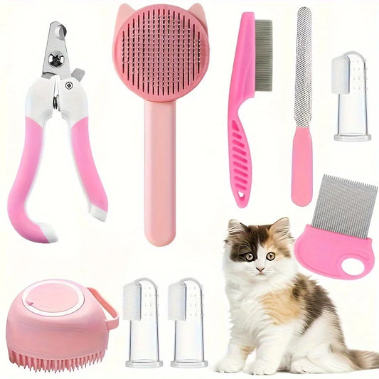 Kit de toilettage pour chat 8 pièces – Brosses, coupe-ongles, peigne anti-puces et brosse de bain pour la mue et le nettoyage