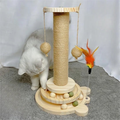 Arbre à chat avec plateau tournant – Jouet amusant pour chat avec planche en sisal, bâton de taquinerie et design durable 