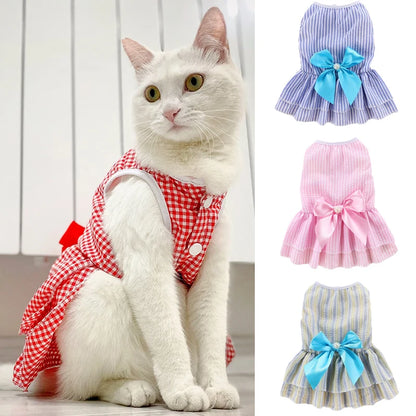 Prinzessinnenkleid für Katzenwelpen – Gestreiftes kariertes Sommerkleid mit Schleife für Katzen, Kätzchen, Kaninchen und kleine Hunde 