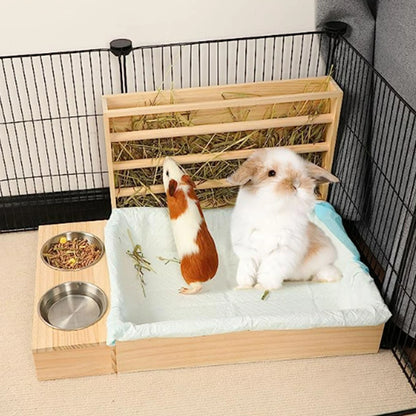 Wooden Bunny Hay Feeder with Litter Box – Rabbit & Small Animal Food Dispenser