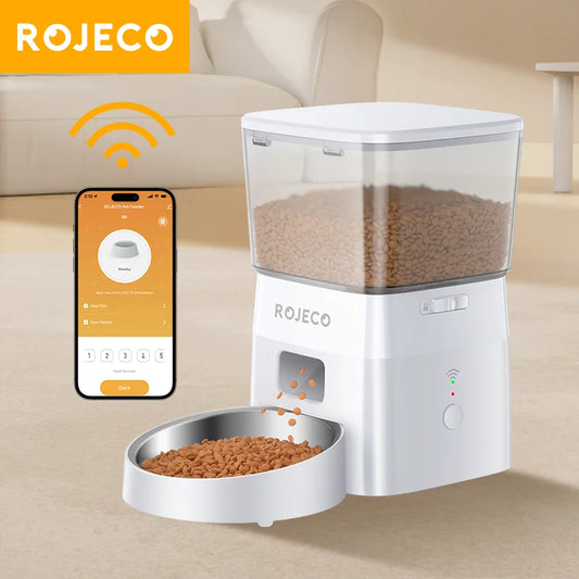 ROJECO Distributeur automatique de nourriture pour chat WIFI 2L Distributeur intelligent de nourriture pour animaux de compagnie pour chiens et aliments secs Distributeur de croquettes avec accessoires de télécommande