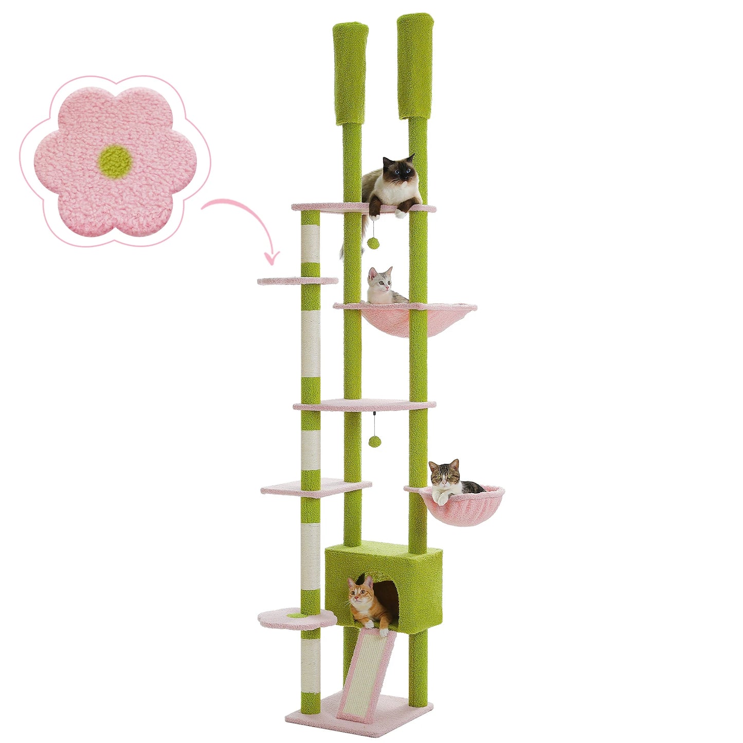Vom Boden bis zur Decke hoher Katzenbaum mit gemütlicher Hütte und Hängematte