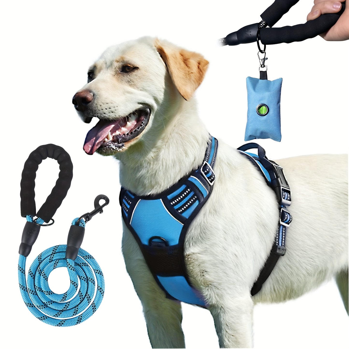 Ensemble de harnais anti-fuite pour chien 3 pièces avec laisse et distributeur de sacs à déjections canines – Réglable, réfléchissant et confortable pour chiens de taille moyenne et grande