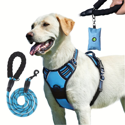 Ensemble de harnais anti-fuite pour chien 3 pièces avec laisse et distributeur de sacs à déjections canines – Réglable, réfléchissant et confortable pour chiens de taille moyenne et grande