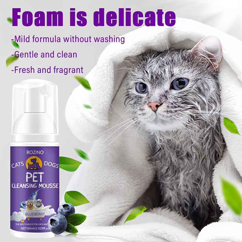 Rozino Cats & Dogs Pet Cleansing Mousse, 60ml - Easy-to-Use, Gentle Formula with Blueberry Extract for a Fresh Scent, Ideal for All Breeds, Pet Hygiene Product|Petfriendly Design|Blueberry Scented