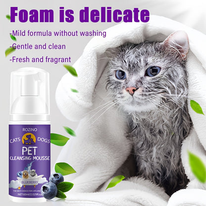Rozino Cats & Dogs Pet Cleansing Mousse, 60ml - Easy-to-Use, Gentle Formula with Blueberry Extract for a Fresh Scent, Ideal for All Breeds, Pet Hygiene Product|Petfriendly Design|Blueberry Scented