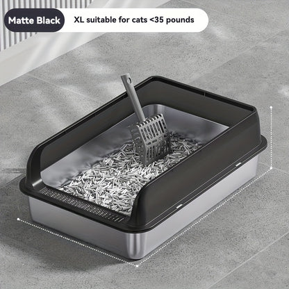 Bac à litière pour chat extra large en acier inoxydable avec couvercle anti-éclaboussures 