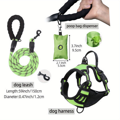 Ensemble de harnais anti-fuite pour chien 3 pièces avec laisse et distributeur de sacs à déjections canines – Réglable, réfléchissant et confortable pour chiens de taille moyenne et grande