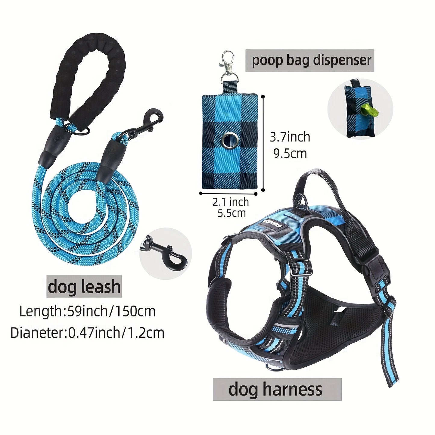 Ensemble de harnais anti-fuite pour chien 3 pièces avec laisse et distributeur de sacs à déjections canines – Réglable, réfléchissant et confortable pour chiens de taille moyenne et grande