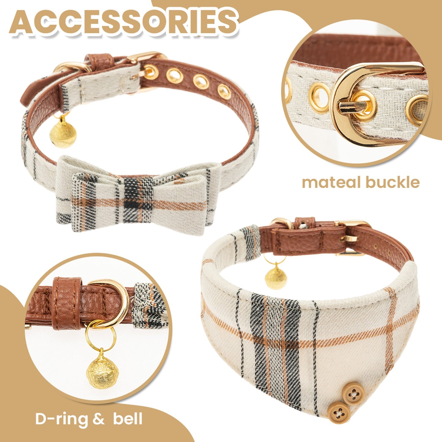 Ensemble de 3 colliers et laisses en cuir pour petit chien, nœud papillon à carreaux et bandana, joli collier pour chien avec clochette - Colliers réglables pour animaux de compagnie avec laisse de marche pour petit chien, chiot, chat