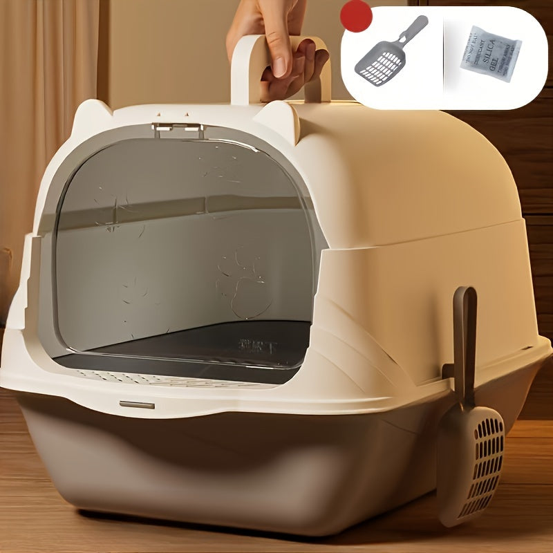 Bac à litière pour chat fermé de grande taille avec pelle et doublure, résistant aux éclaboussures et aux odeurs, matériau rectangulaire en silicone + PP, bac à litière pour chat entièrement fermé et facile à nettoyer, 1 pièce