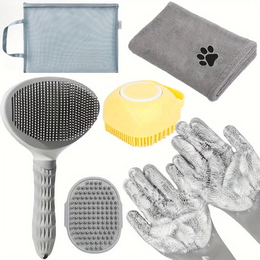 6-in-1-Pflegeset für Hunde: Badebürste, Handtuch, Handschuhe und Enthaarungskamm – Edelstahlborsten für sanfte Reinigung und Massage