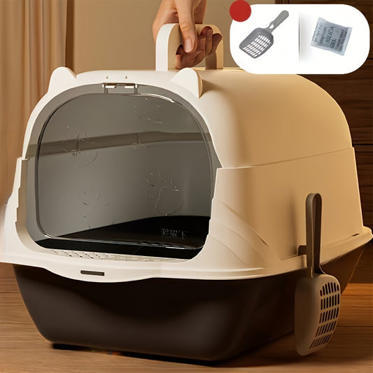Bac à litière pour chat fermé de grande taille avec pelle et doublure, résistant aux éclaboussures et aux odeurs, matériau rectangulaire en silicone + PP, bac à litière pour chat entièrement fermé et facile à nettoyer, 1 pièce