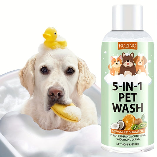 ROZINO 5-in-1 Haustier-Waschshampoo und Spülung, 100 ml – Universelles, tiefenreinigendes Haustierbad mit frischem Duft, feuchtigkeitsspendend, doppelte Hautpflege, Geruchsbeseitigung für sauberes, glattes, glänzendes Fell für Katzen und Hunde