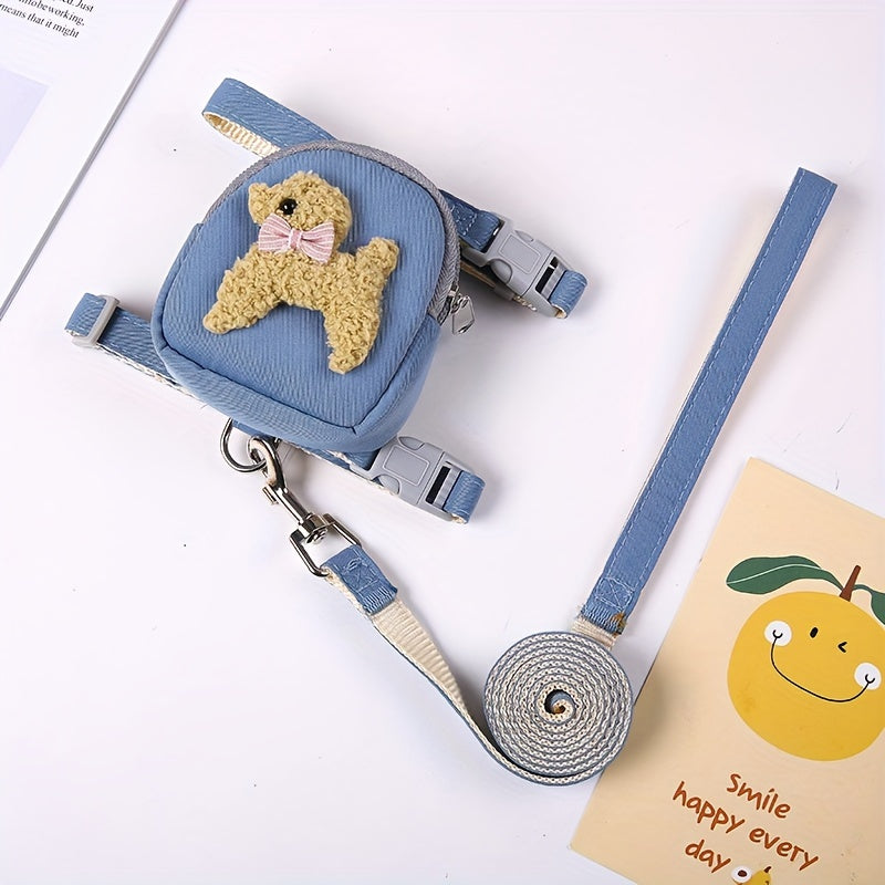 Ensemble de harnais et de laisse en nylon pour animaux de compagnie pour chats et petits chiens avec un joli motif animalier en 3D, une sangle de poitrine réglable confortable et une laisse de marche durable 