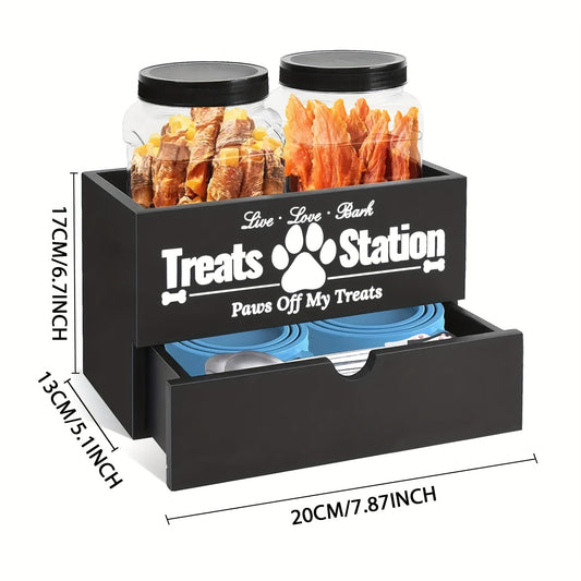 Lot de 3 organiseurs de rangement en bois pour friandises pour animaux de compagnie – Design de ferme avec 2 bocaux et tiroir pour nourriture pour chiens et chats