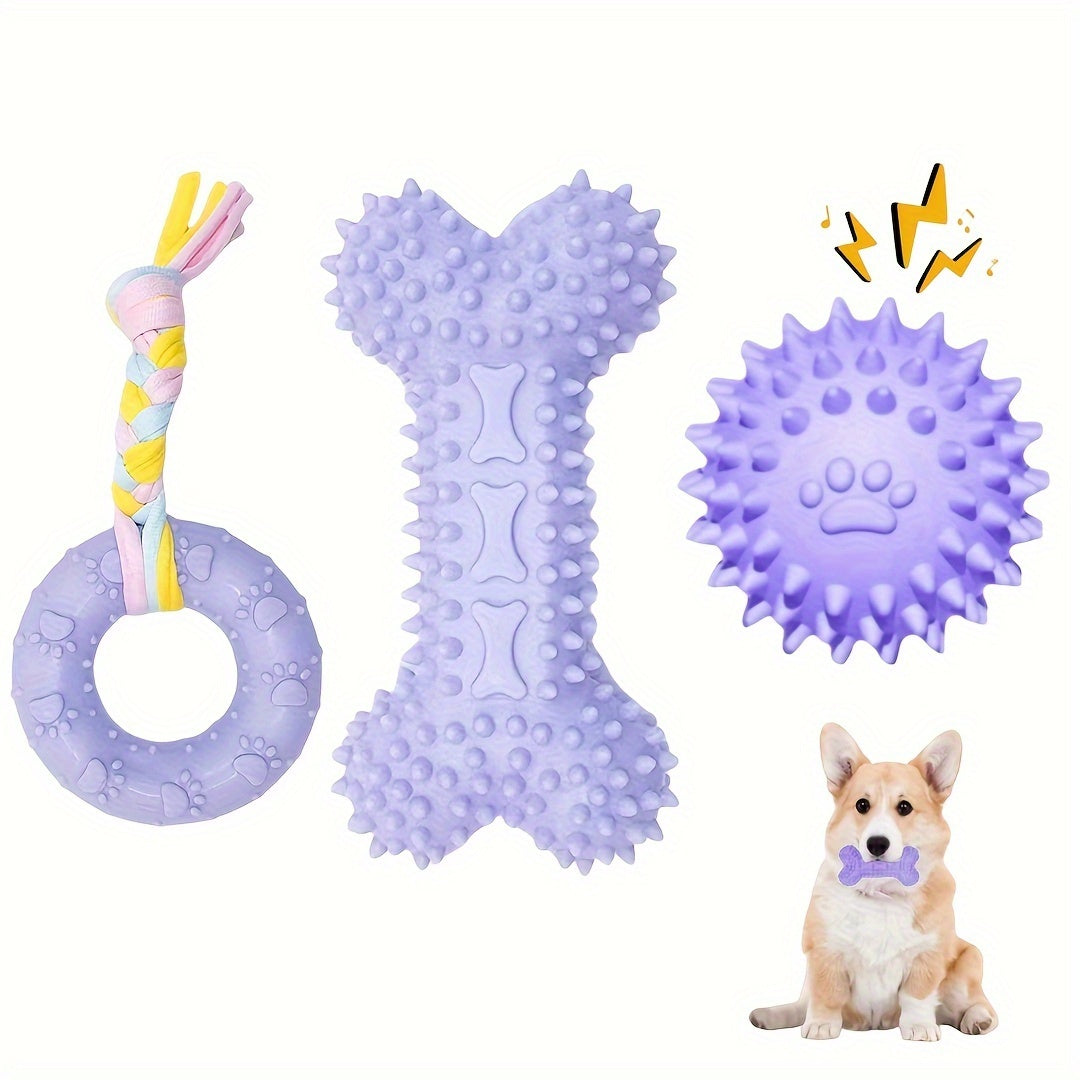 Lot de 3 jouets à mâcher en caoutchouc souple pour chiots pour la dentition – Ensemble d'os et de balle en corde durable avec nœud tressé, kit de jouets d'extérieur interactifs pour petits chiens, doux pour les gencives, jouets pour chiots