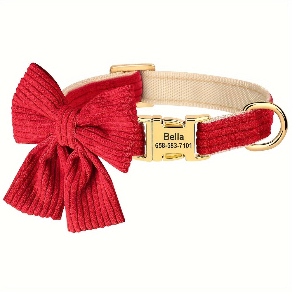 Collier pour chien en velours côtelé personnalisable avec nœud – Réglable et confortable pour les petites et moyennes races