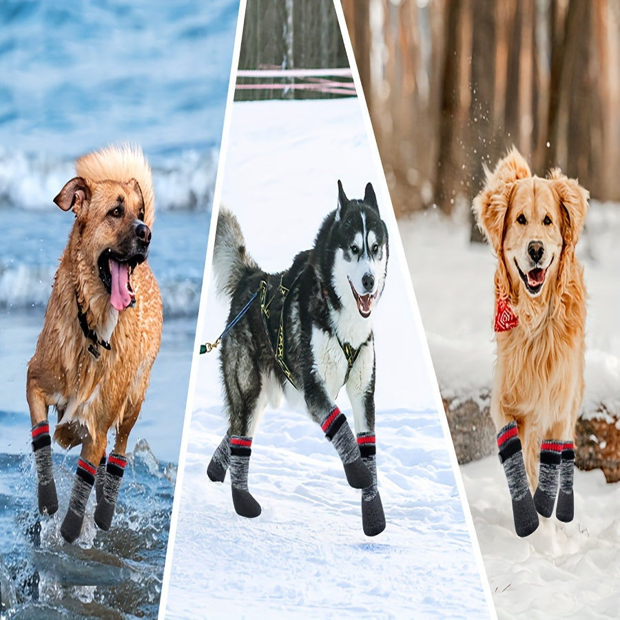 Striped All-Season Dog Boots: Machine Washable, Non-Slip Cotton, Polyester & Rubber, Water-Resistant Dog Socks for Small to Large Breeds, Adjustable Fastening - Protective Paw Gear for Indoor/Outdoor Use.
