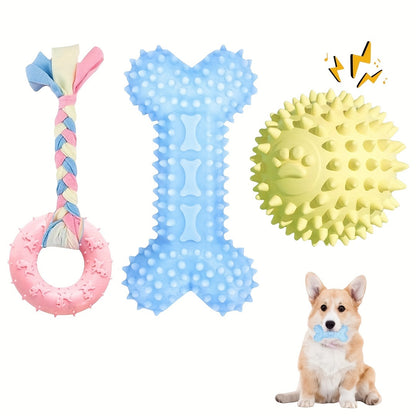 Lot de 3 jouets à mâcher en caoutchouc souple pour chiots pour la dentition – Ensemble d'os et de balle en corde durable avec nœud tressé, kit de jouets d'extérieur interactifs pour petits chiens, doux pour les gencives, jouets pour chiots