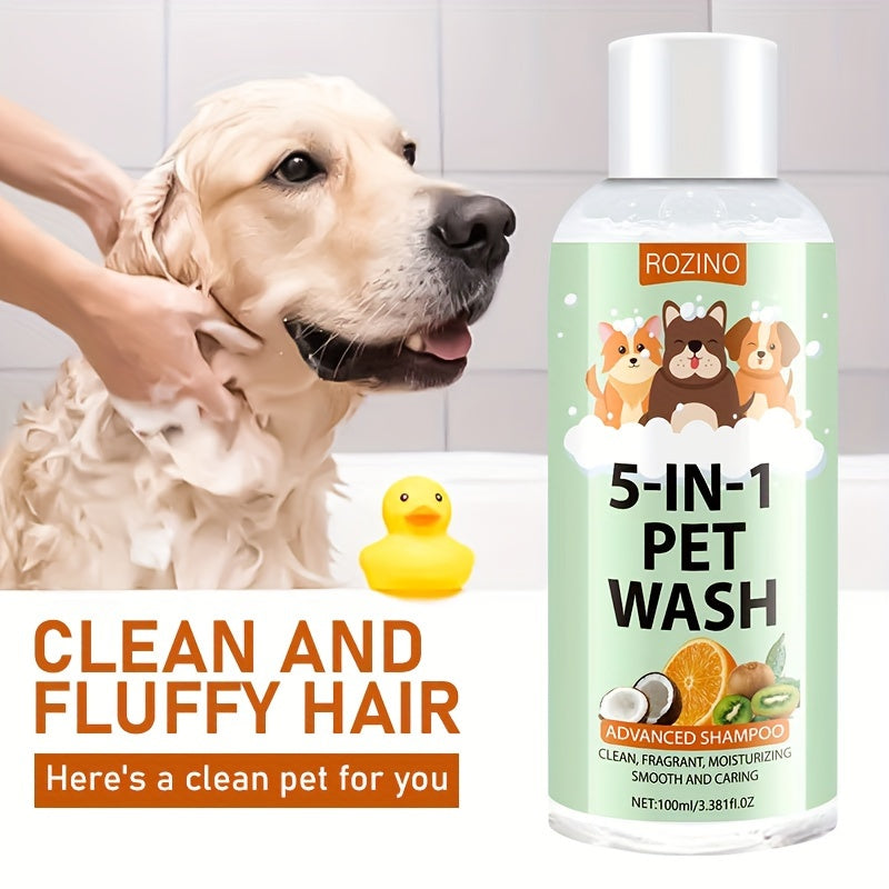 ROZINO 5-in-1 Haustier-Waschshampoo und Spülung, 100 ml – Universelles, tiefenreinigendes Haustierbad mit frischem Duft, feuchtigkeitsspendend, doppelte Hautpflege, Geruchsbeseitigung für sauberes, glattes, glänzendes Fell für Katzen und Hunde