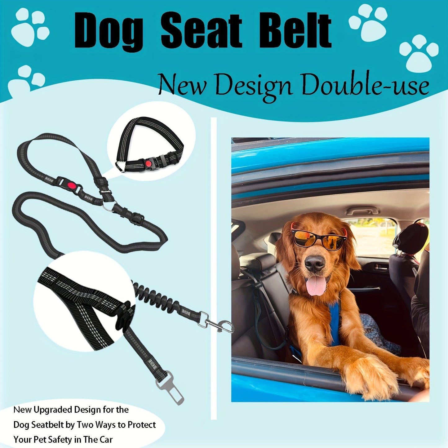Ceinture de sécurité pour chien à double usage améliorée pour voiture – Laisse élastique réglable pour chien pour appui-tête, harnais de sécurité pour animaux de compagnie robuste et élastique