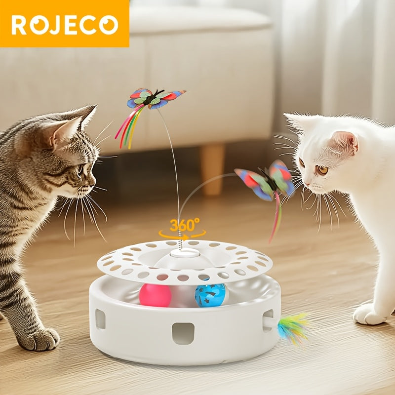 ROJECO Automatic 3-in-1 Interactive Cat Toy, Electric Butterfly, Track Balls & Ambush Feather, Battery/USB Powered, Durable Plastic, Suitable for Small Breeds - Pet Entertainment Supply Without Battery