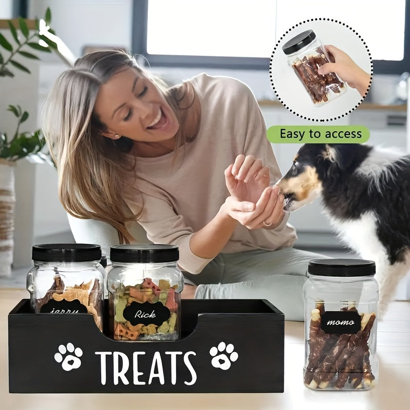 Porte-friandises en bois pour animaux de compagnie avec 3 bocaux hermétiques – Organisateur de style ferme pour le stockage des aliments pour chiens et chats