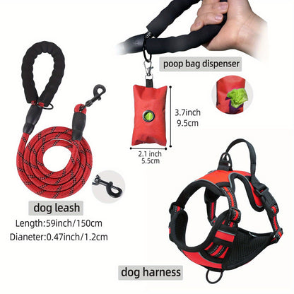 Ensemble de harnais anti-fuite pour chien 3 pièces avec laisse et distributeur de sacs à déjections canines – Réglable, réfléchissant et confortable pour chiens de taille moyenne et grande
