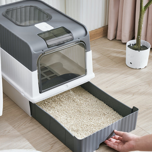 Bac à litière pour chat fermé avec tiroir, filtration d'air supérieure à double entrée, contrôle des odeurs anti-fuite, bac à litière rectangulaire en plastique pour chat avec pelle à litière incluse