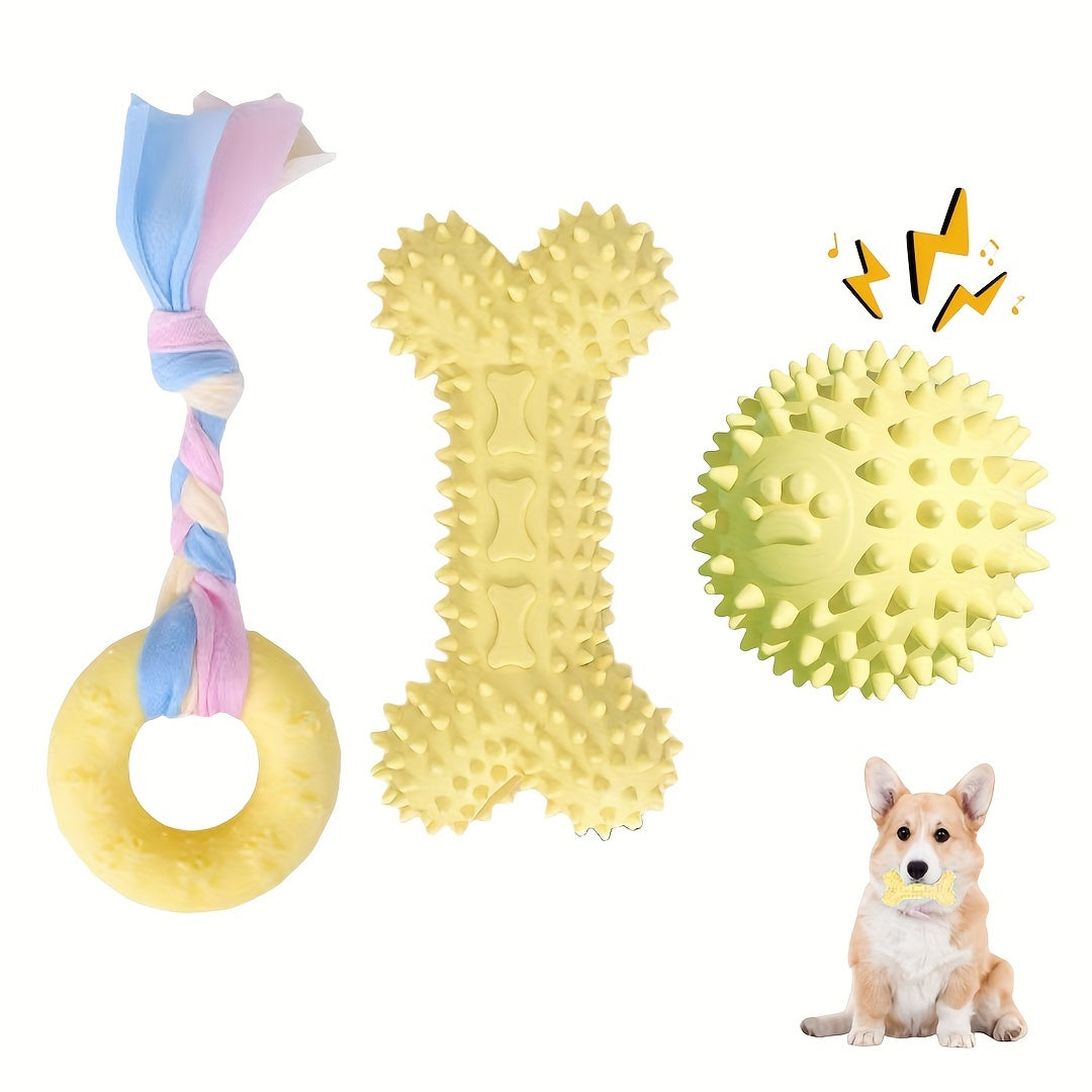 Lot de 3 jouets à mâcher en caoutchouc souple pour chiots pour la dentition – Ensemble d'os et de balle en corde durable avec nœud tressé, kit de jouets d'extérieur interactifs pour petits chiens, doux pour les gencives, jouets pour chiots