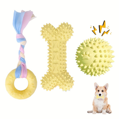 Lot de 3 jouets à mâcher en caoutchouc souple pour chiots pour la dentition – Ensemble d'os et de balle en corde durable avec nœud tressé, kit de jouets d'extérieur interactifs pour petits chiens, doux pour les gencives, jouets pour chiots