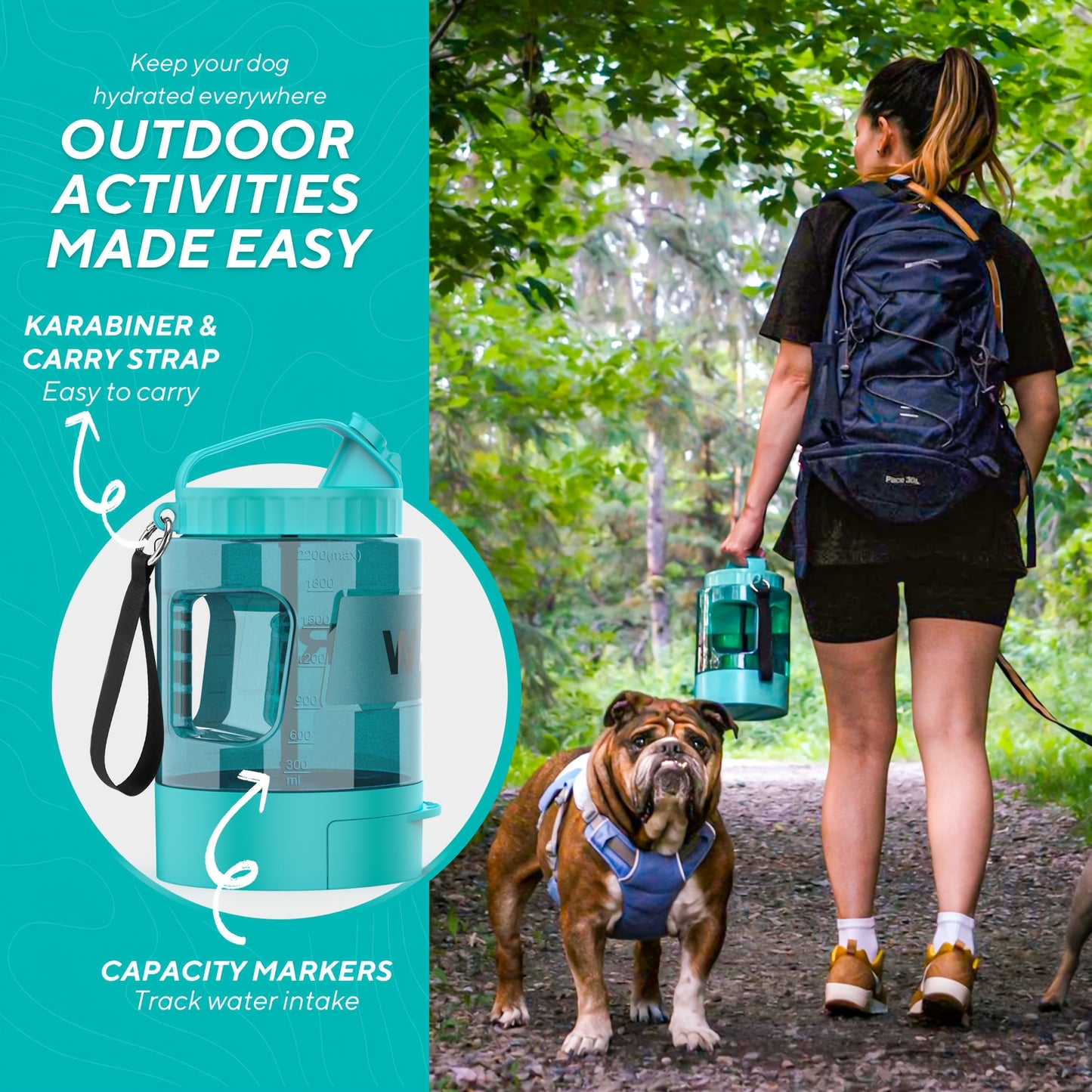 Bouteille d'eau pour chien Ocean Blue de grande capacité de 74 oz avec bol intégré - Portable et étanche pour la randonnée, le camping et les jeux au parc - Idéale pour les races de petite à moyenne taille 