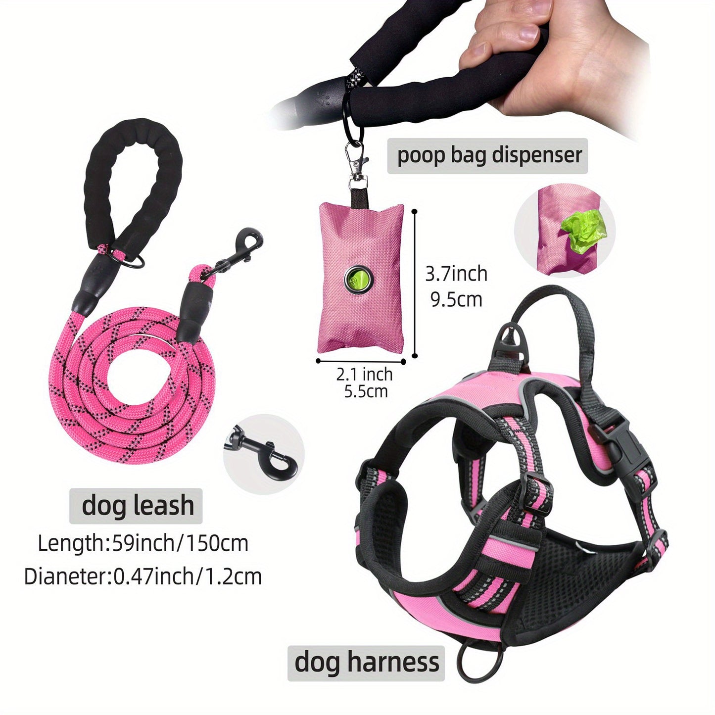 Ensemble de harnais anti-fuite pour chien 3 pièces avec laisse et distributeur de sacs à déjections canines – Réglable, réfléchissant et confortable pour chiens de taille moyenne et grande