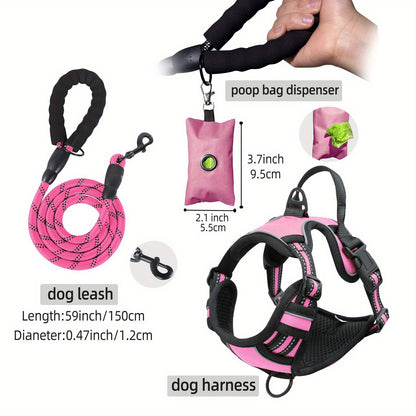 Ensemble de harnais anti-fuite pour chien 3 pièces avec laisse et distributeur de sacs à déjections canines – Réglable, réfléchissant et confortable pour chiens de taille moyenne et grande