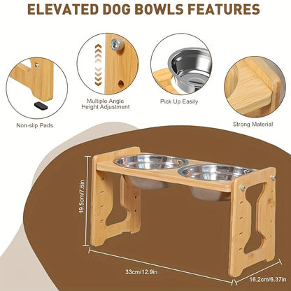 Mangeoire pour animaux de compagnie en bambou réglable et inclinée – Station de nourriture surélevée avec 2 bols en acier inoxydable pour chats et petits chiens