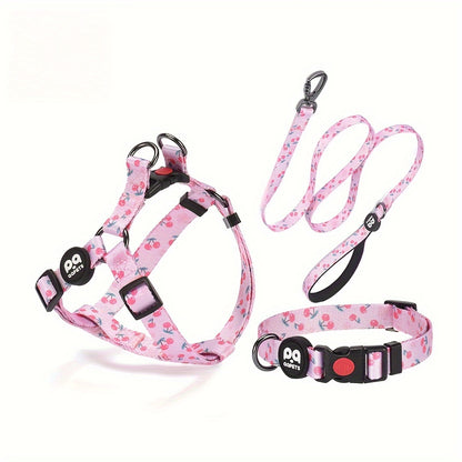 [Popular Choice] 3pcs Vibrant Space-Themed Dog Walking Set - Adjustable Polyester Chest & Shoulder Strap, Matching Collar with Leash - Handwash Only - Perfect for Stylish Pet Owners