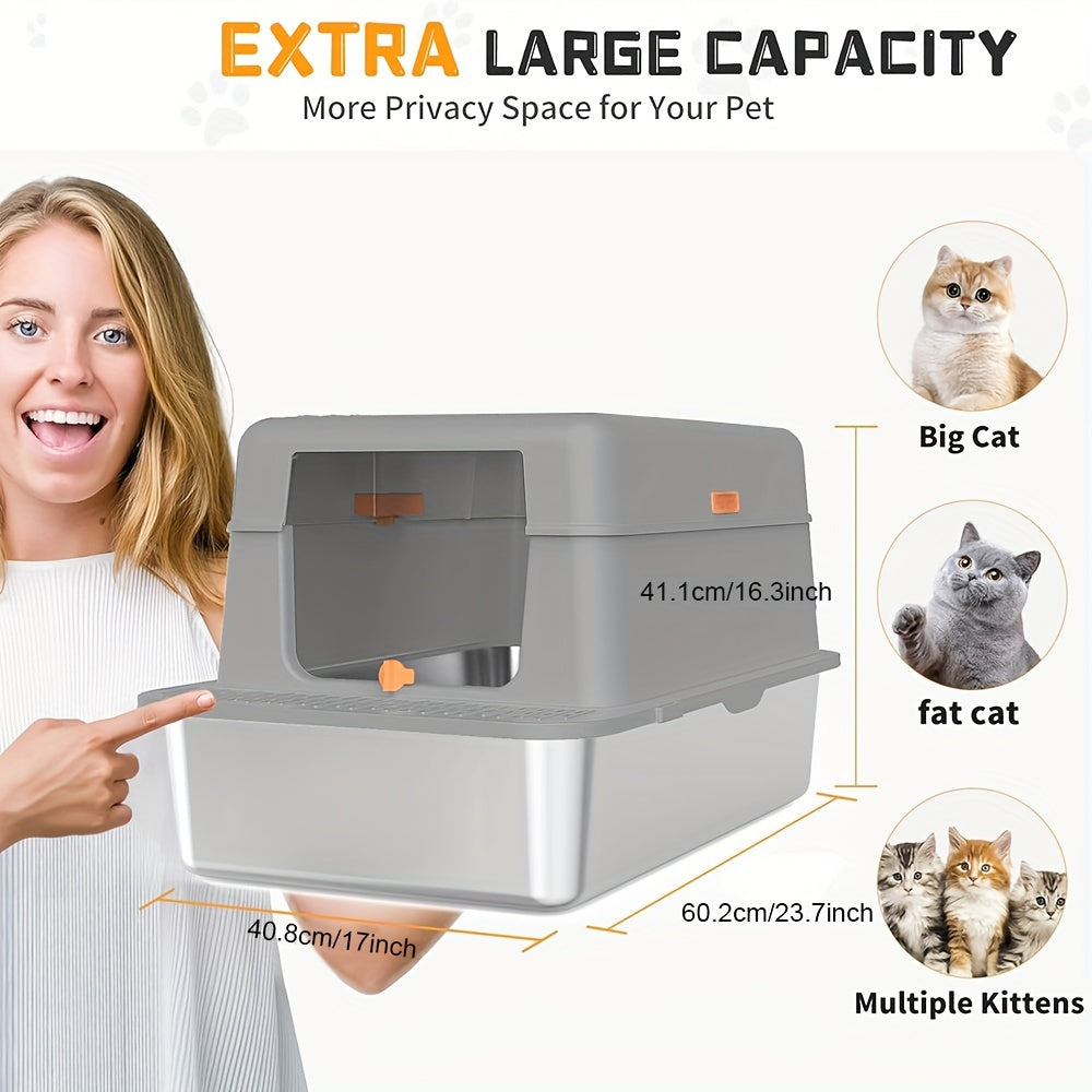 Bac à litière extra large en acier inoxydable pour chat avec couvercle