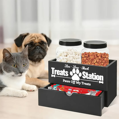 Lot de 3 organiseurs de rangement en bois pour friandises pour animaux de compagnie – Design de ferme avec 2 bocaux et tiroir pour nourriture pour chiens et chats