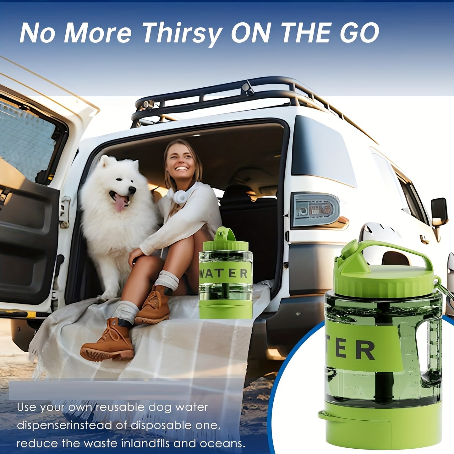 Bouteille d'eau pour chien Ocean Blue de grande capacité de 74 oz avec bol intégré - Portable et étanche pour la randonnée, le camping et les jeux au parc - Idéale pour les races de petite à moyenne taille 