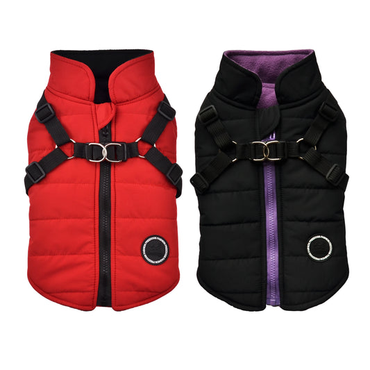 Gilet rembourré chaud pour chien avec harnais pour petits et moyens chiens - Manteau rouge pour plus de confort et de sécurité Cadeau de Noël