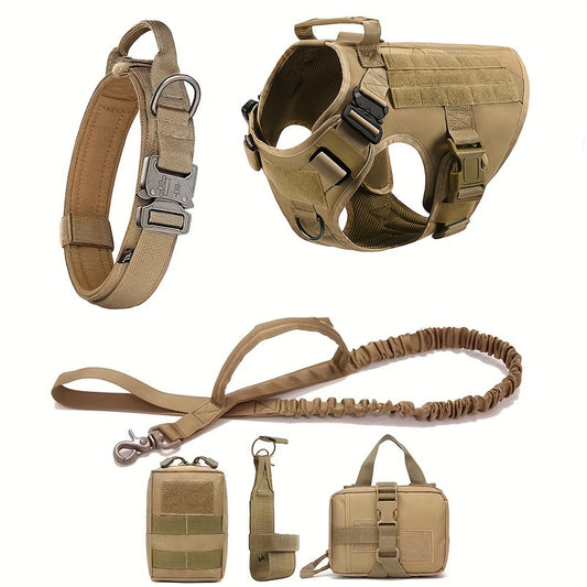 Ensemble de harnais tactique pour chien avec gilet d'entraînement réglable, laisse, collier, porte-bouteille d'eau et sac banane pour petites, moyennes et grandes races - Composition en tissu tricoté durable avec système de fermeture à boucle à pression 