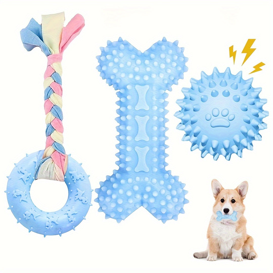 Lot de 3 jouets à mâcher en caoutchouc souple pour chiots pour la dentition – Ensemble d'os et de balle en corde durable avec nœud tressé, kit de jouets d'extérieur interactifs pour petits chiens, doux pour les gencives, jouets pour chiots